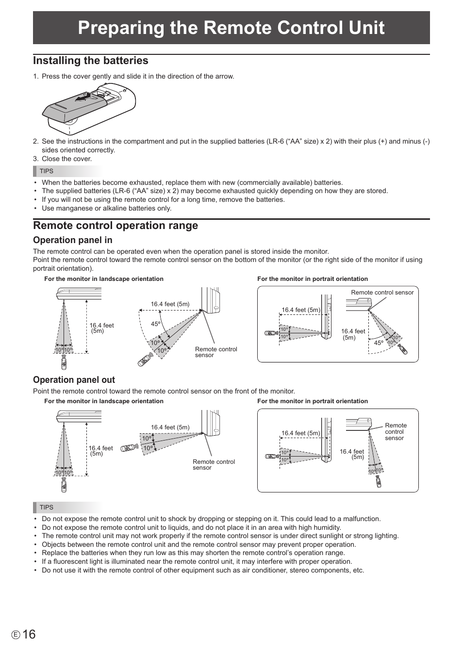 Preparing the remote control unit, Installing the batteries, Remote control operation range | Operation panel in, Operation panel out | Sharp PN-H801 User Manual | Page 16 / 53