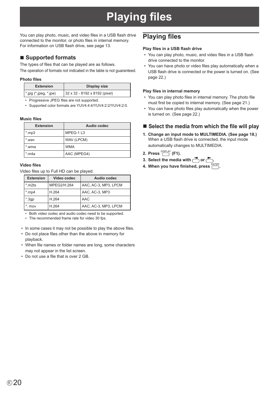 Playing files, Nsupported formats, Nselect the media from which the file will play | Sharp PN-H801 User Manual | Page 20 / 53