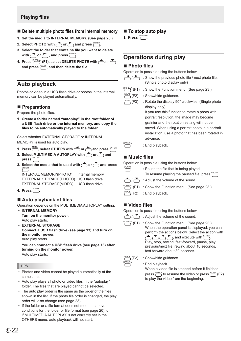 Auto playback, Operations during play, Npreparations | Nauto playback of files, Nto stop auto play, Nphoto files, Nmusic files, Nvideo files | Sharp PN-H801 User Manual | Page 22 / 53