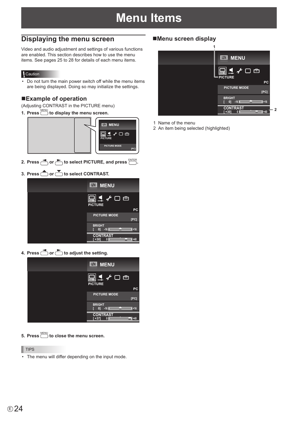 Menu items, Displaying the menu screen, Nexample of operation | Nmenu screen display | Sharp PN-H801 User Manual | Page 24 / 53