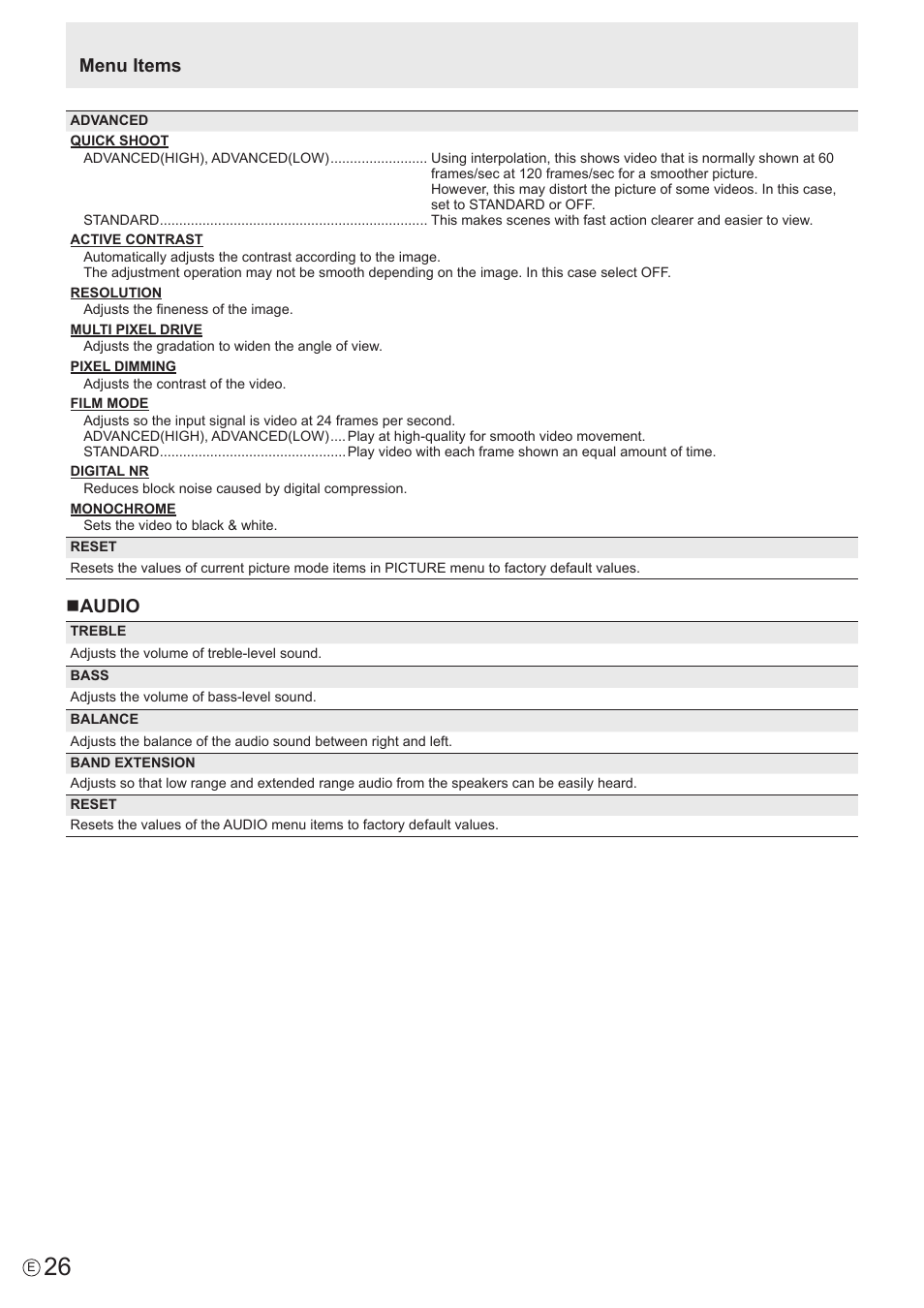 Naudio, Menu items | Sharp PN-H801 User Manual | Page 26 / 53