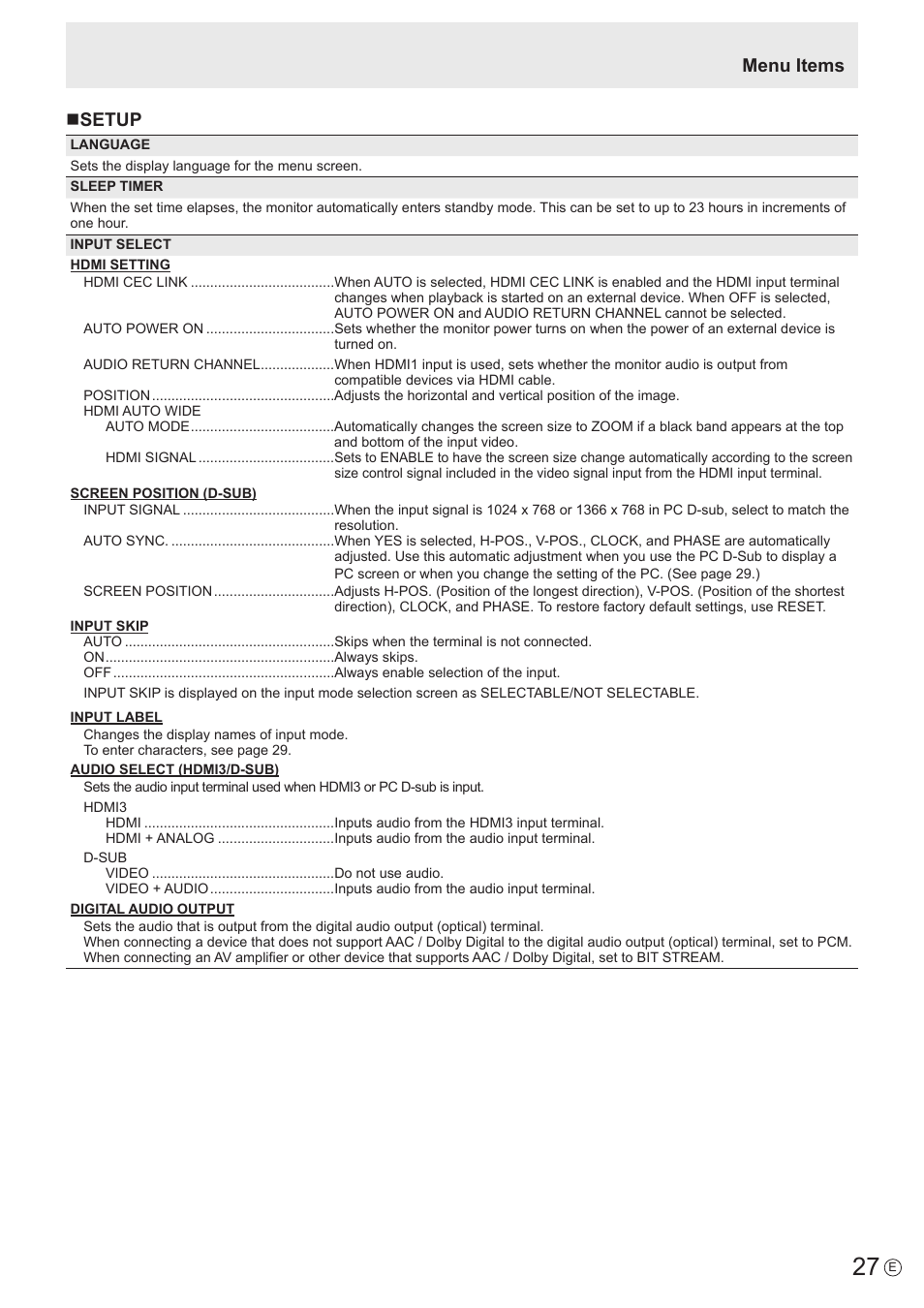 Menu items n setup | Sharp PN-H801 User Manual | Page 27 / 53