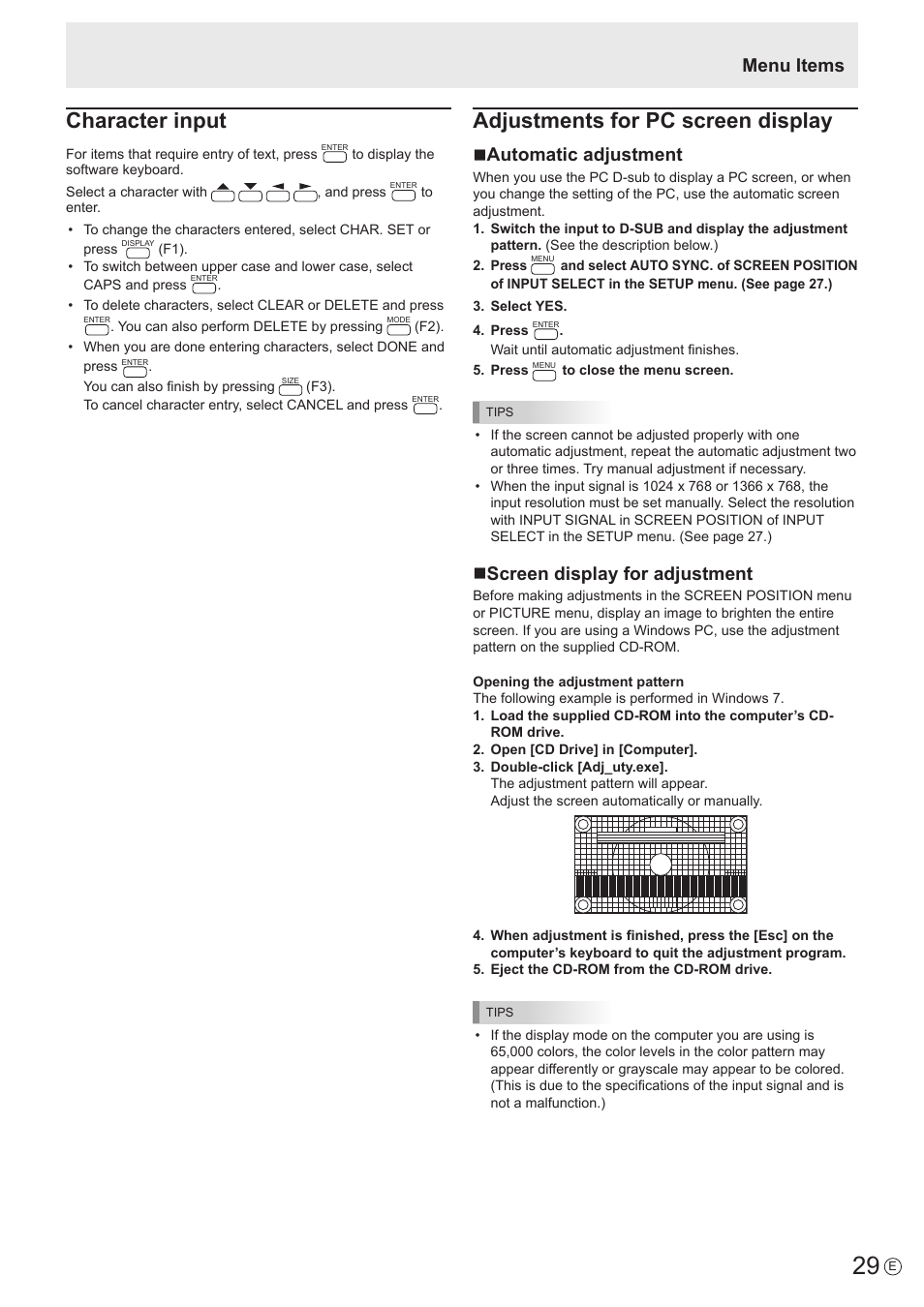 Character input, Adjustments for pc screen display, Menu items | Nautomatic adjustment, Nscreen display for adjustment | Sharp PN-H801 User Manual | Page 29 / 53