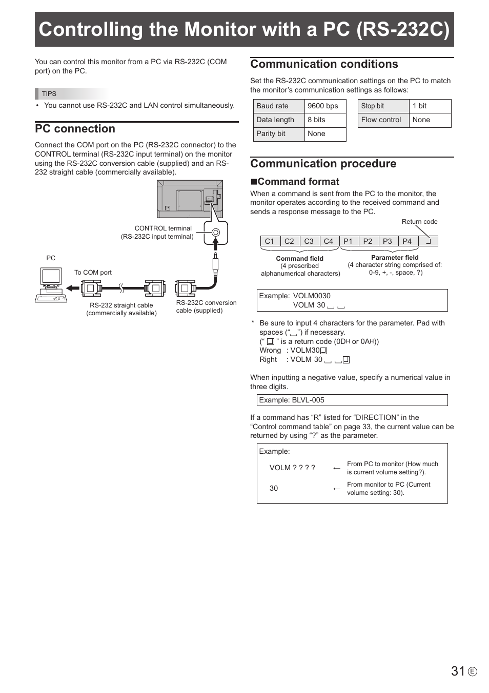 Controlling the monitor with a pc (rs-232c), Pc connection, Communication conditions | Communication procedure, Ncommand format | Sharp PN-H801 User Manual | Page 31 / 53