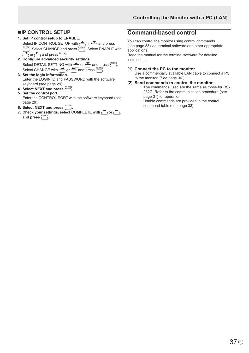 Command-based control, Nip control setup, Controlling the monitor with a pc (lan) | Sharp PN-H801 User Manual | Page 37 / 53