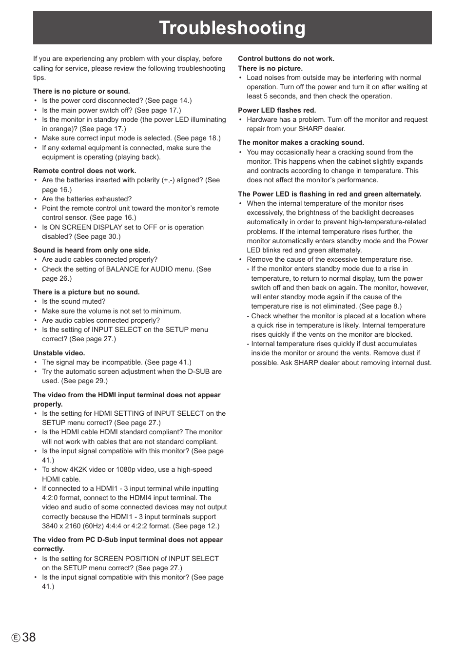 Troubleshooting | Sharp PN-H801 User Manual | Page 38 / 53