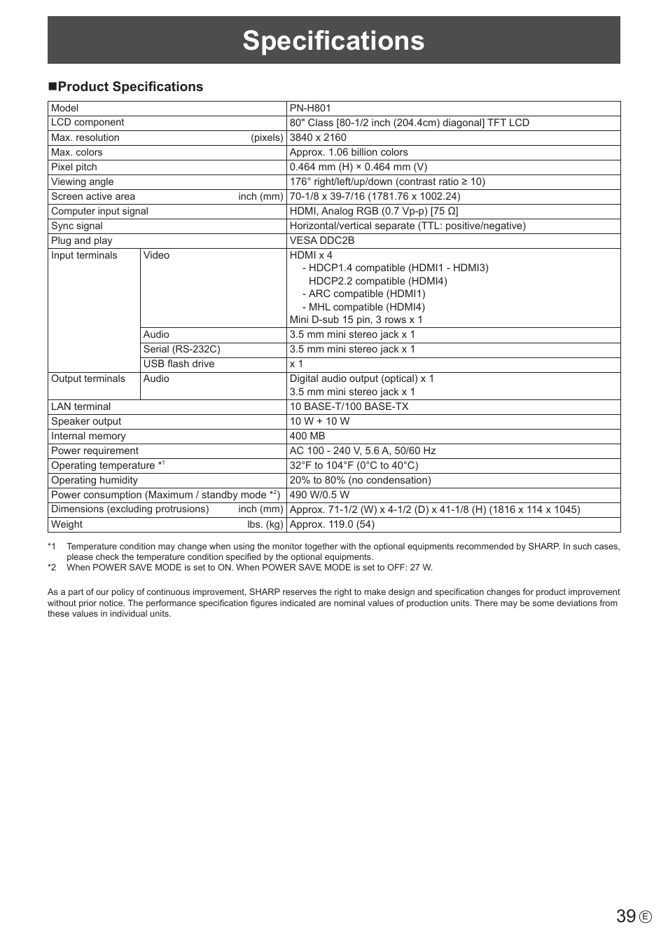 Specifications, Nproduct specifications | Sharp PN-H801 User Manual | Page 39 / 53