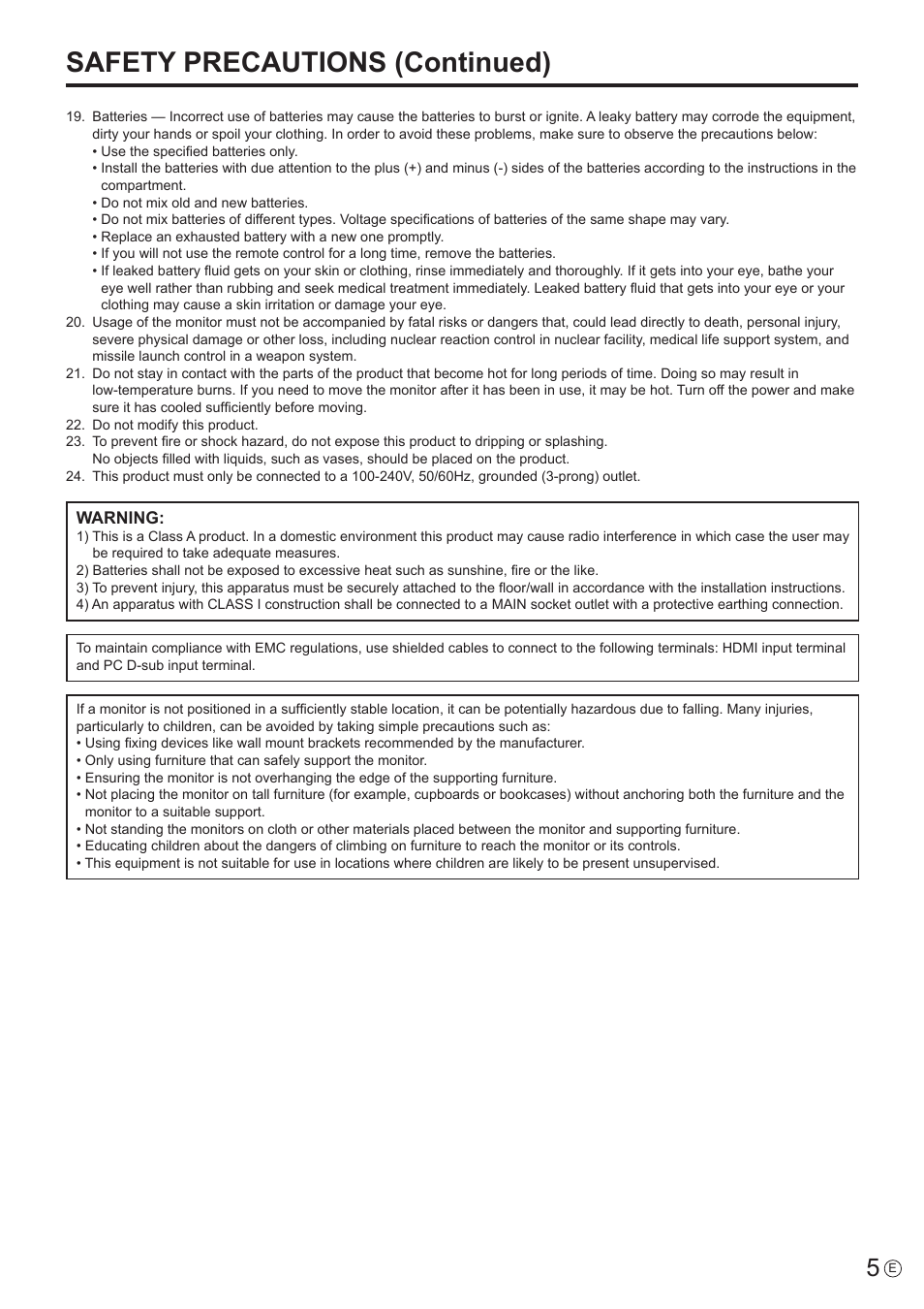 Safety precautions (continued) | Sharp PN-H801 User Manual | Page 5 / 53