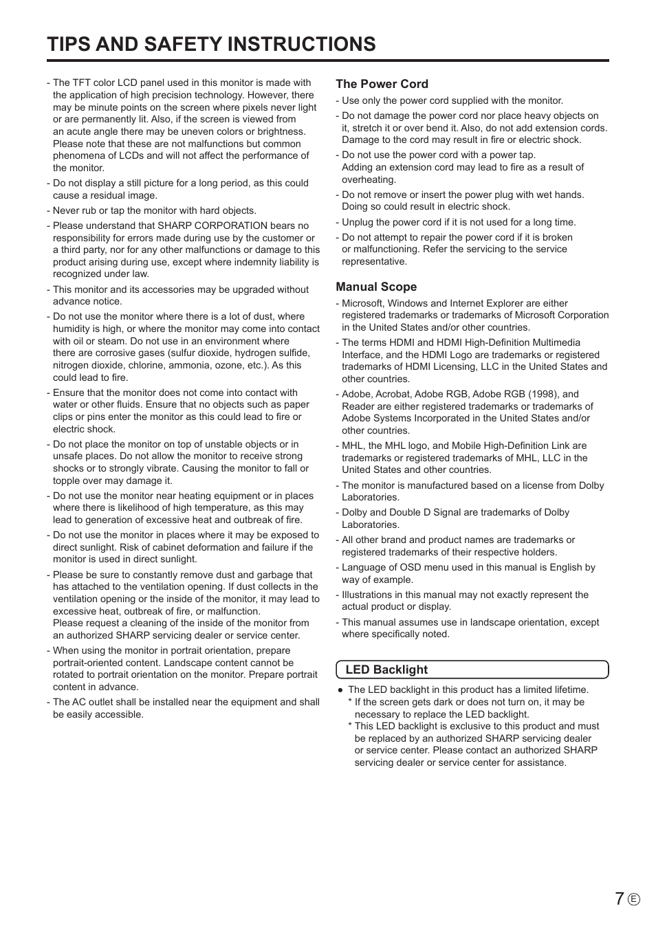 Tips and safety instructions | Sharp PN-H801 User Manual | Page 7 / 53