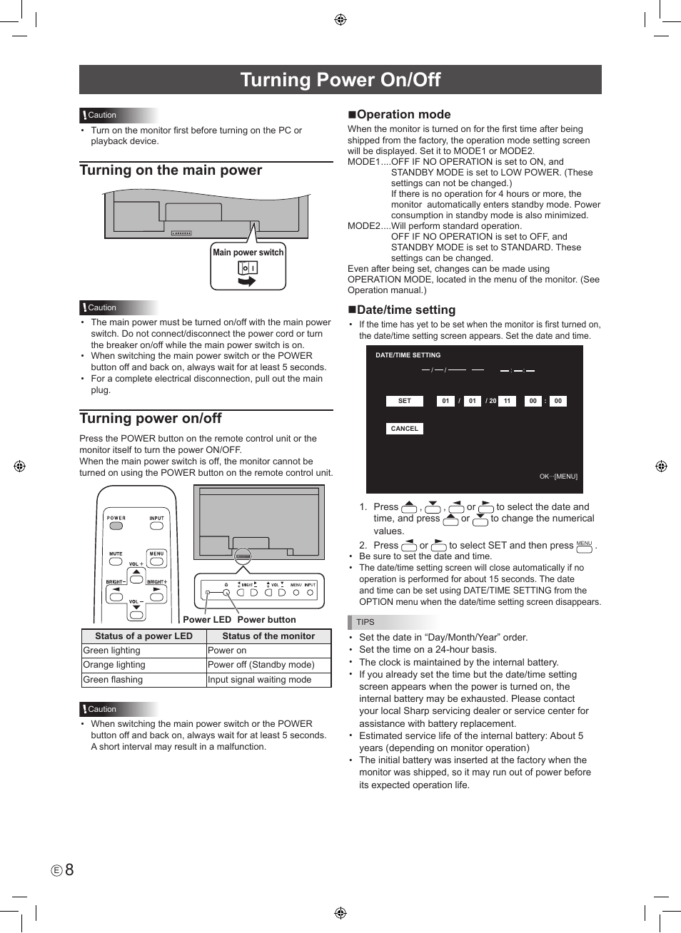 Turning on the main power, Turning power on/off, Noperation mode | Ndate/time setting | Sharp PN-V602 User Manual | Page 10 / 44