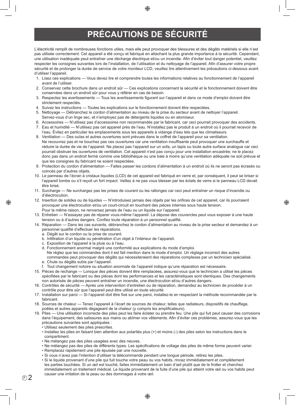 Précautions de sécurité | Sharp PN-V602 User Manual | Page 12 / 44