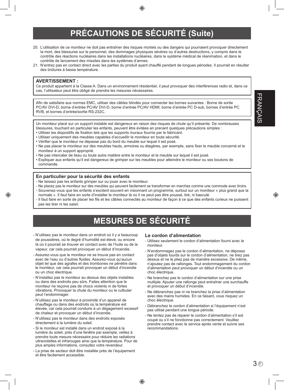 Mesures de sécurité, Précautions de sécurité (suite), Français | Sharp PN-V602 User Manual | Page 13 / 44