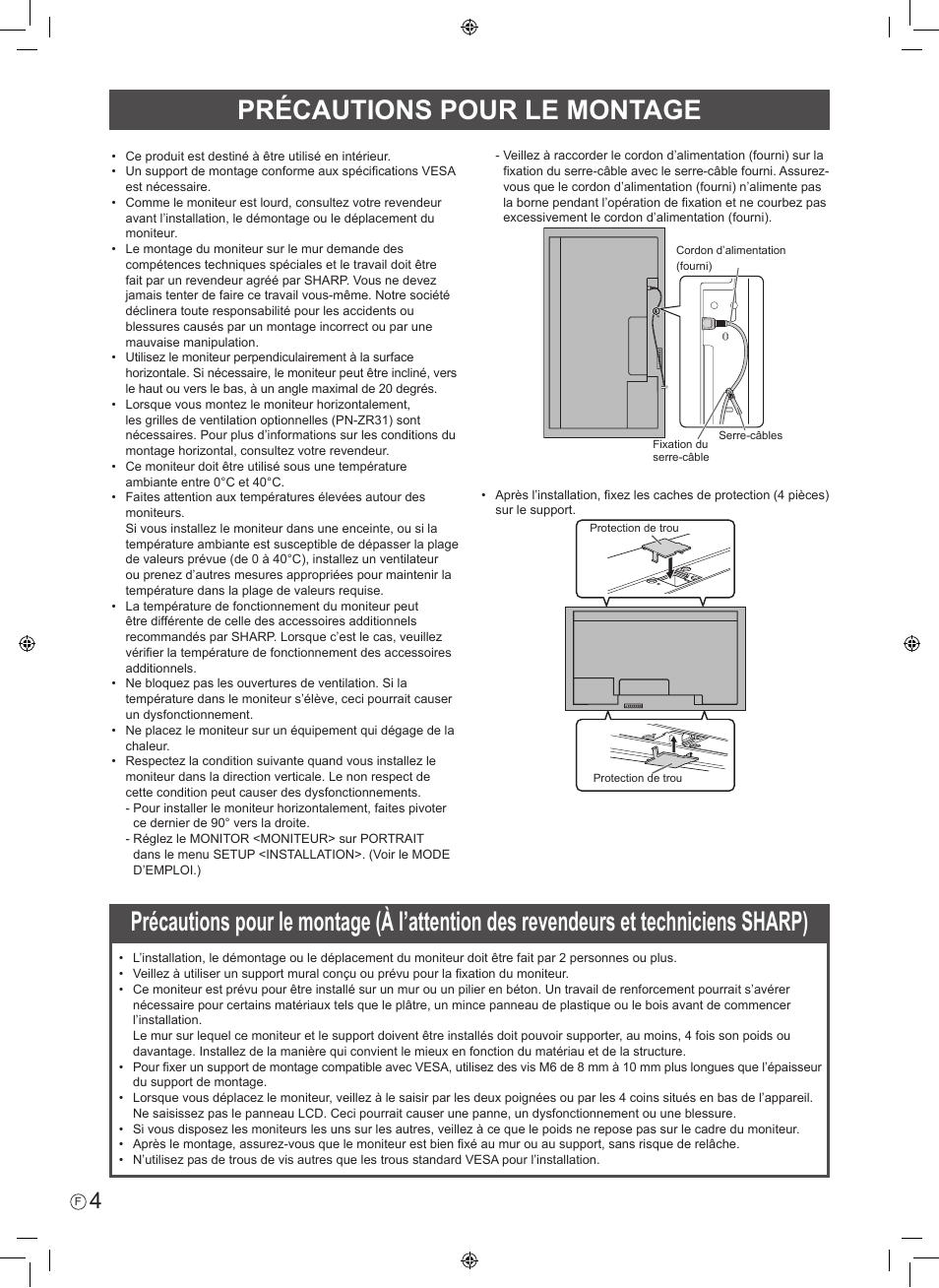 Précautions pour le montage | Sharp PN-V602 User Manual | Page 14 / 44