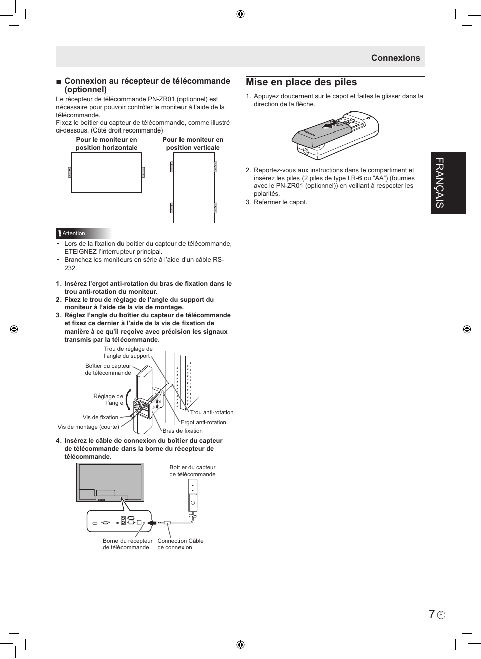 Françaisfrançais, Mise en place des piles, Connexion au récepteur de télécommande (optionnel) | Connexions | Sharp PN-V602 User Manual | Page 17 / 44