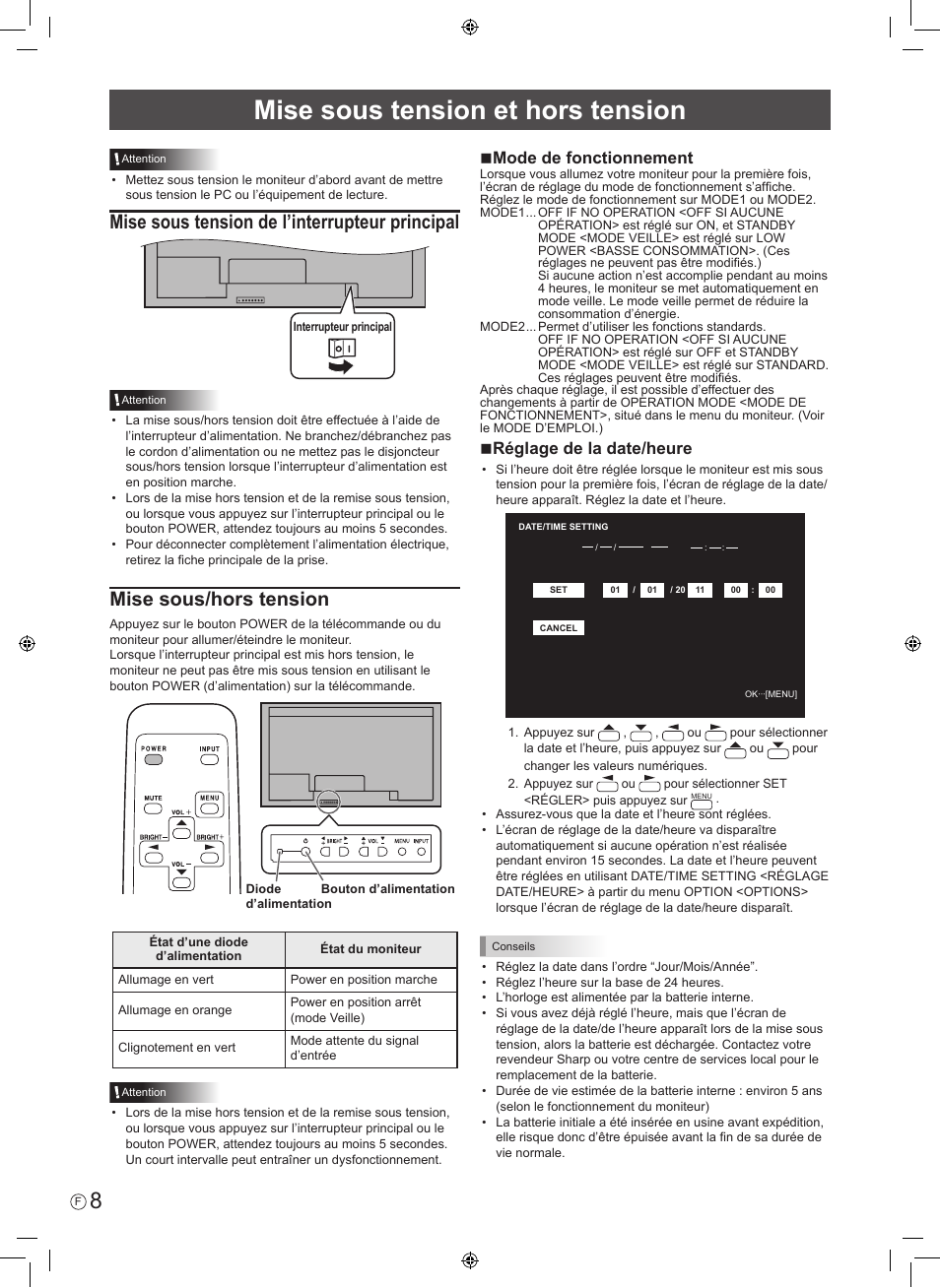 Mise sous tension et hors tension, Mise sous tension de l’interrupteur principal, Mise sous/hors tension | Nmode de fonctionnement, Nréglage de la date/heure | Sharp PN-V602 User Manual | Page 18 / 44