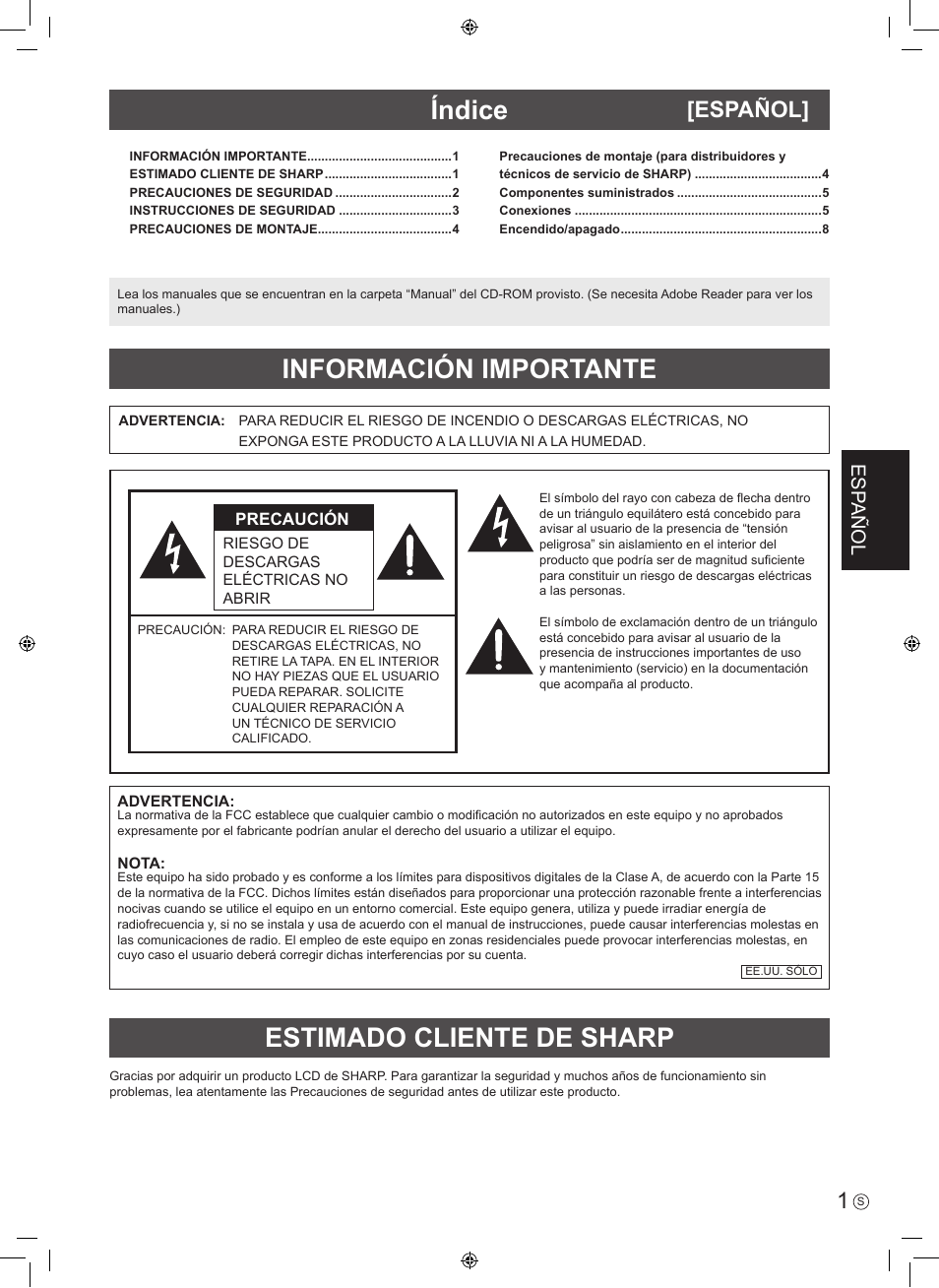 Estimado cliente de sharp información importante, Índice, Español | Esp añol | Sharp PN-V602 User Manual | Page 19 / 44