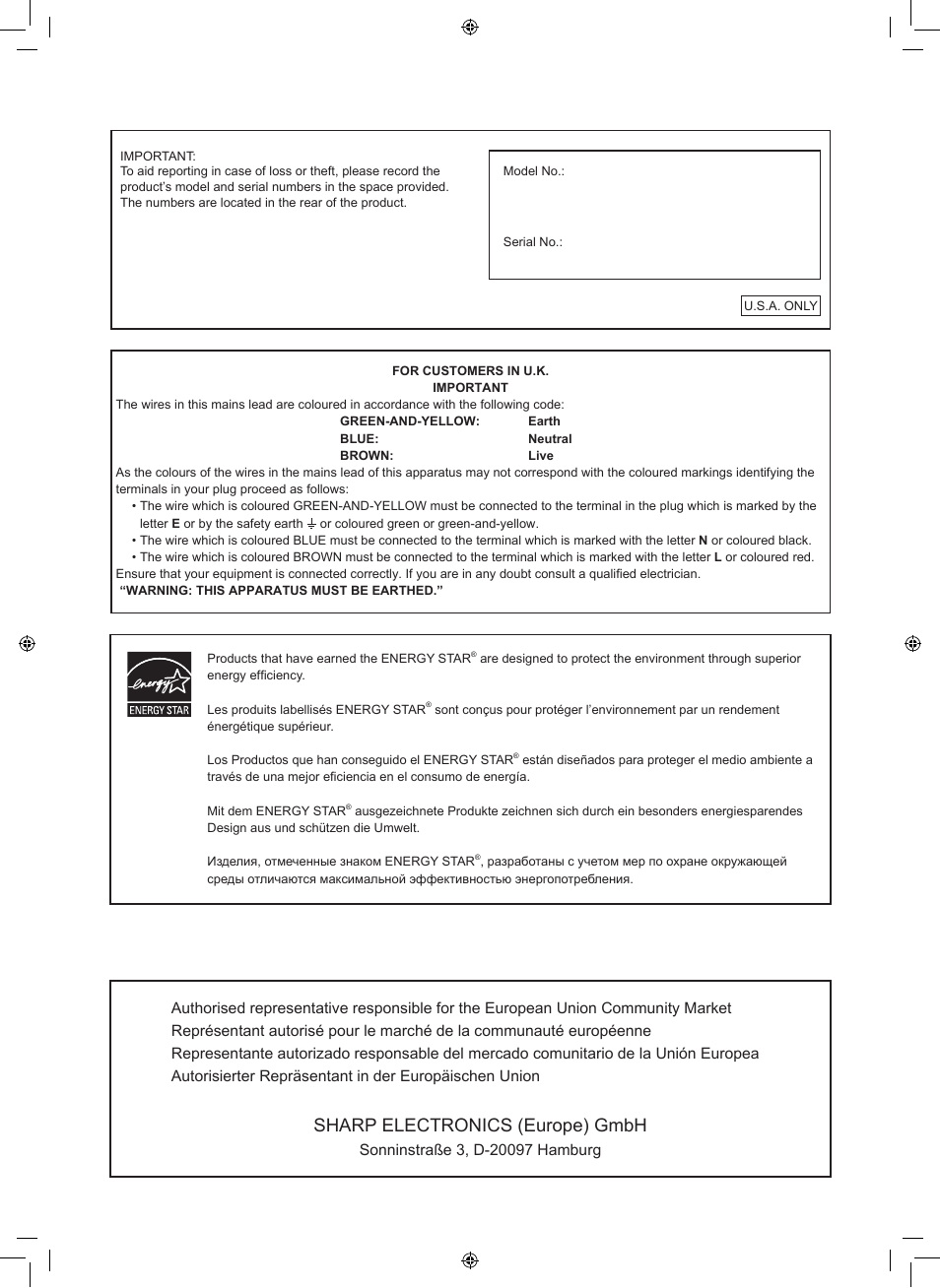 Sharp electronics (europe) gmbh | Sharp PN-V602 User Manual | Page 2 / 44