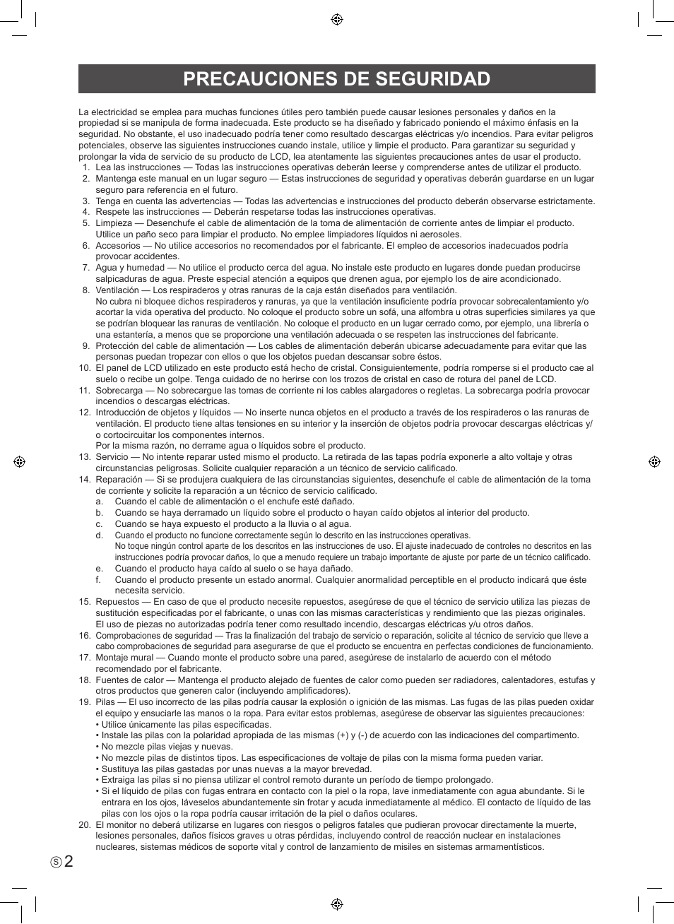 Precauciones de seguridad | Sharp PN-V602 User Manual | Page 20 / 44