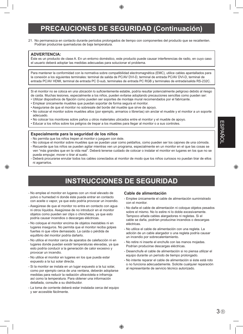 Instrucciones de seguridad, Precauciones de seguridad (continuación), Esp añol | Sharp PN-V602 User Manual | Page 21 / 44