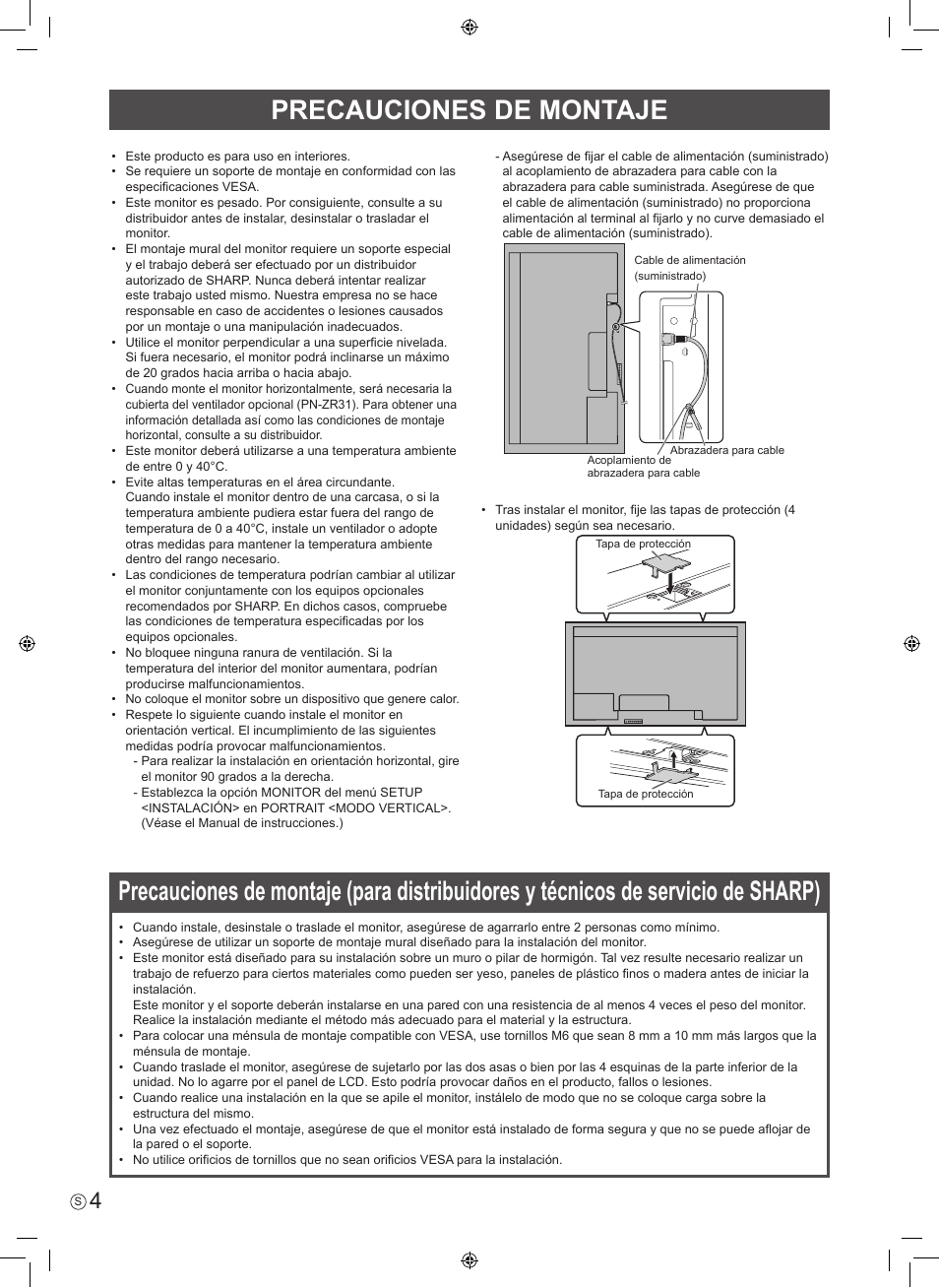 Precauciones de montaje | Sharp PN-V602 User Manual | Page 22 / 44