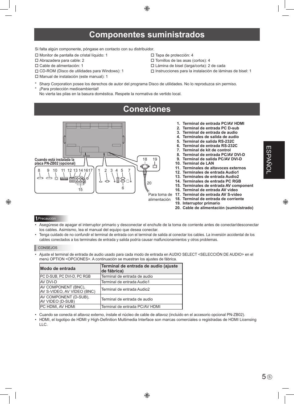 Componentes suministrados conexiones, Esp añol | Sharp PN-V602 User Manual | Page 23 / 44