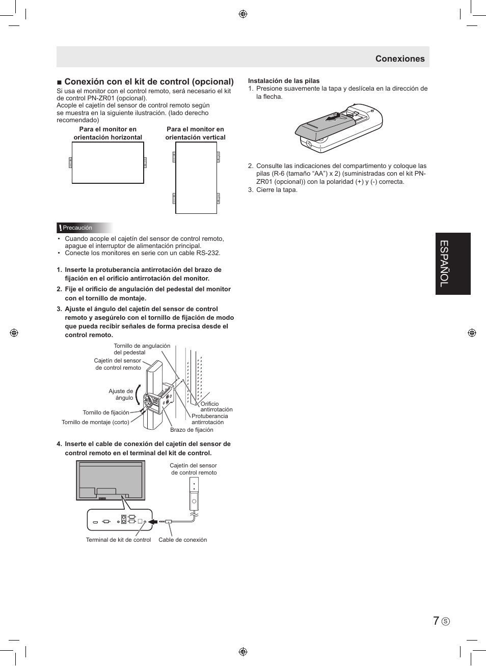 Esp añol, Conexión con el kit de control (opcional), Conexiones | Sharp PN-V602 User Manual | Page 25 / 44