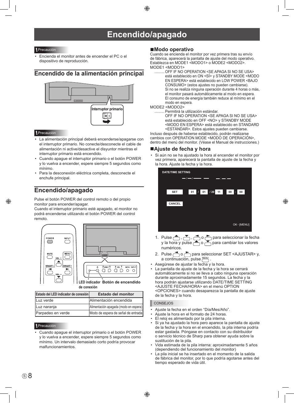 Encendido de la alimentación principal, Encendido/apagado, Nmodo operativo | Najuste de fecha y hora | Sharp PN-V602 User Manual | Page 26 / 44