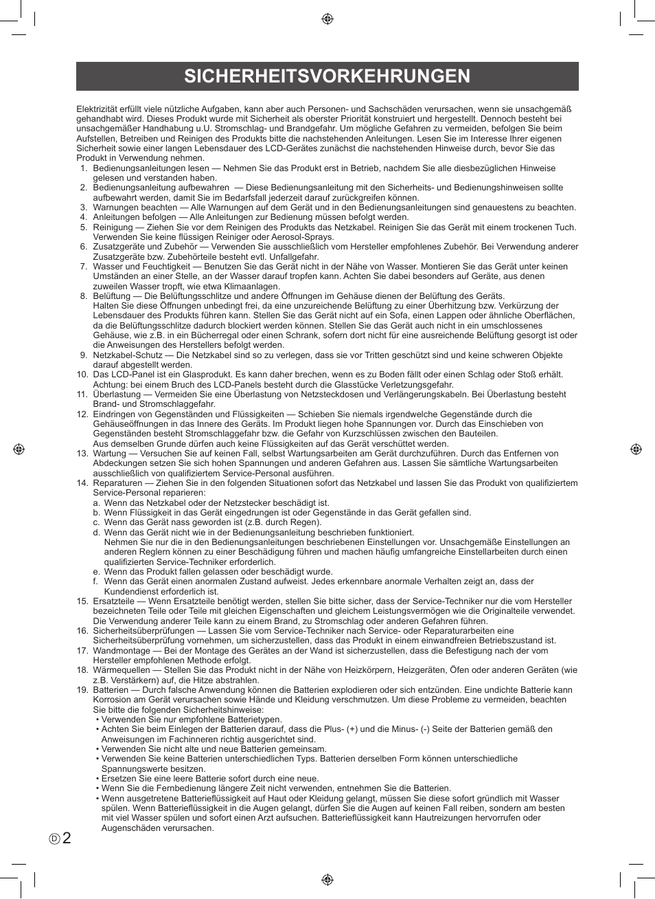 Sicherheitsvorkehrungen | Sharp PN-V602 User Manual | Page 28 / 44