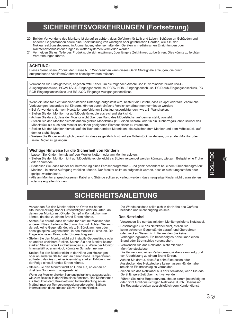 Sicherheitsanleitung, Sicherheitsvorkehrungen (fortsetzung), Deutsch | Sharp PN-V602 User Manual | Page 29 / 44