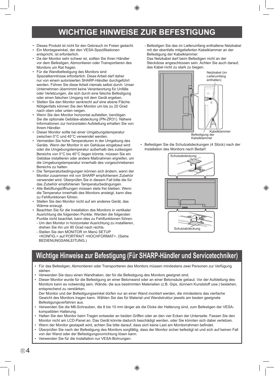 Wichtige hinweise zur befestigung | Sharp PN-V602 User Manual | Page 30 / 44