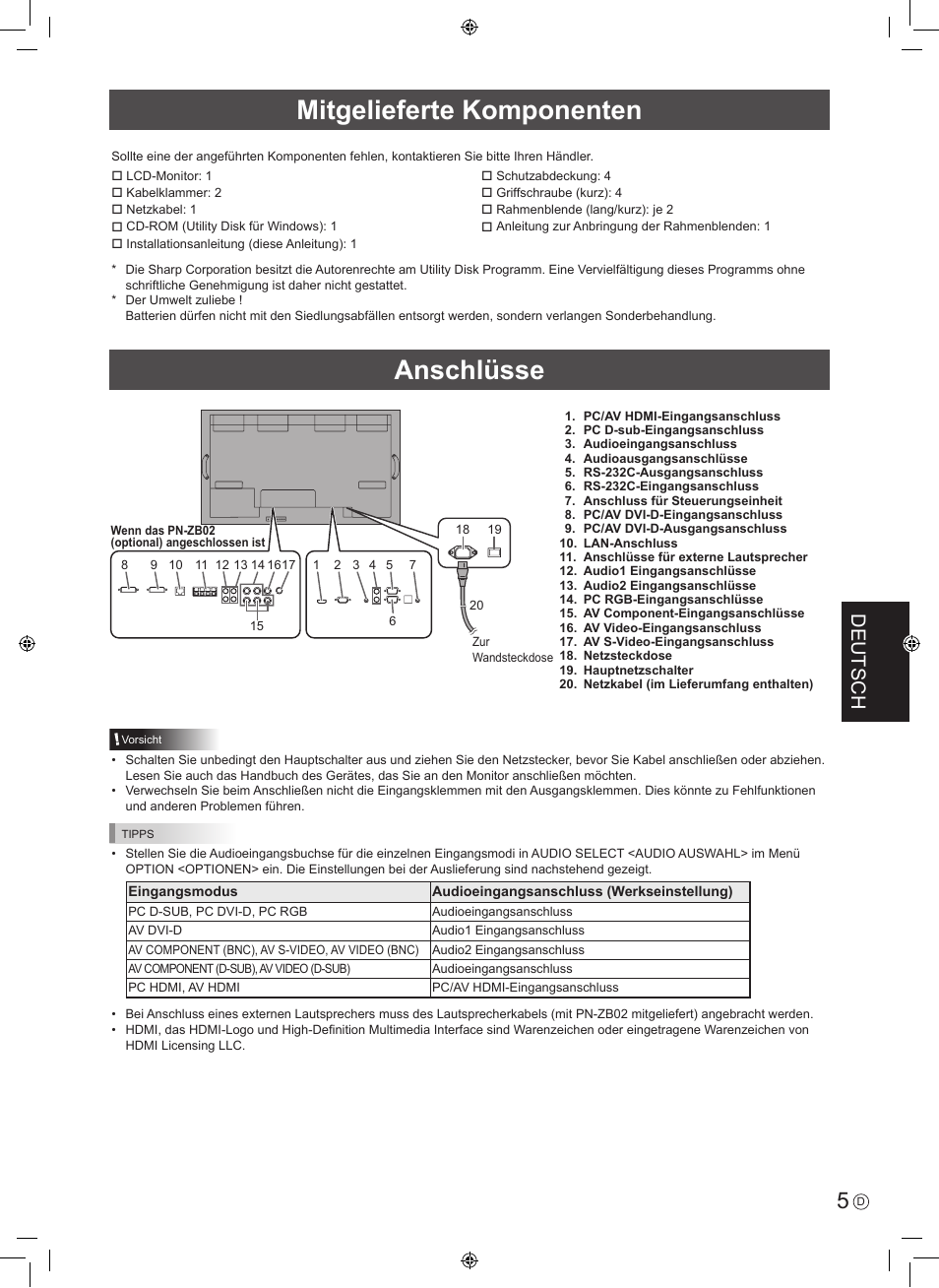 Mitgelieferte komponenten anschlüsse, Deutsch | Sharp PN-V602 User Manual | Page 31 / 44