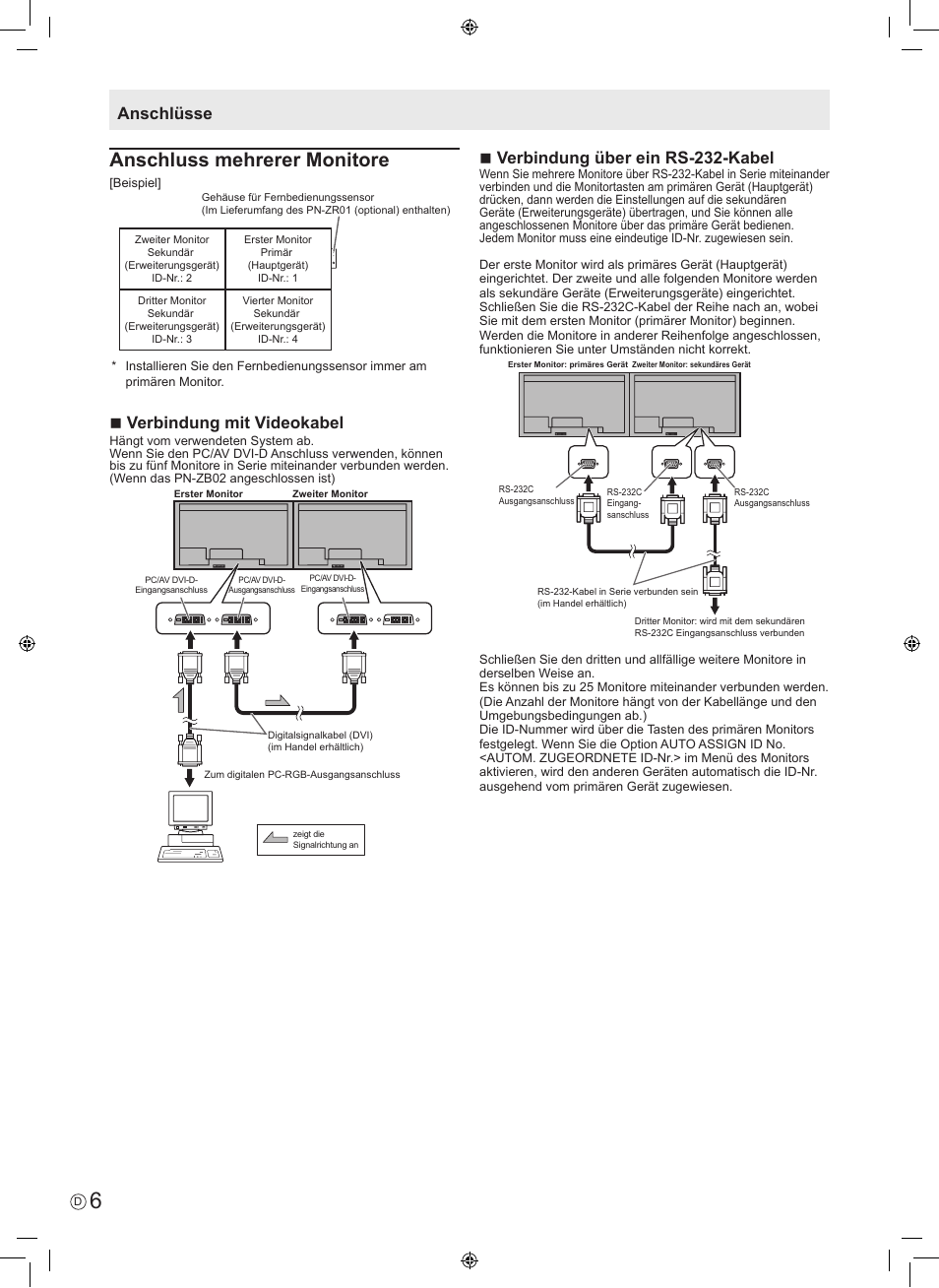 Anschluss mehrerer monitore, Nverbindung mit videokabel, Anschlüsse n verbindung über ein rs-232-kabel | Sharp PN-V602 User Manual | Page 32 / 44