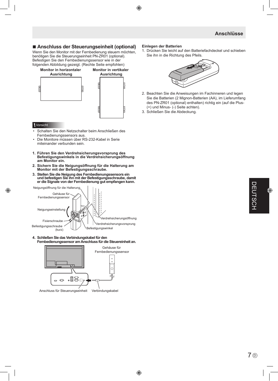 Deutsch, Nanschluss der steuerungseinheit (optional), Anschlüsse | Sharp PN-V602 User Manual | Page 33 / 44