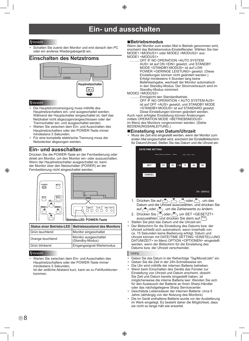 Einschalten des netzstroms, Ein- und ausschalten, Nbetriebsmodus | Neinstellung von datum/uhrzeit | Sharp PN-V602 User Manual | Page 34 / 44