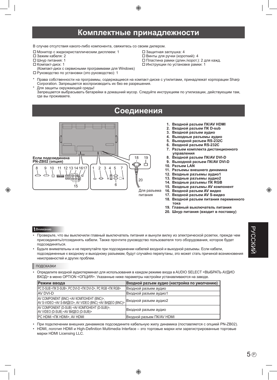 Комплектные принадлежности соединения, Русский | Sharp PN-V602 User Manual | Page 39 / 44