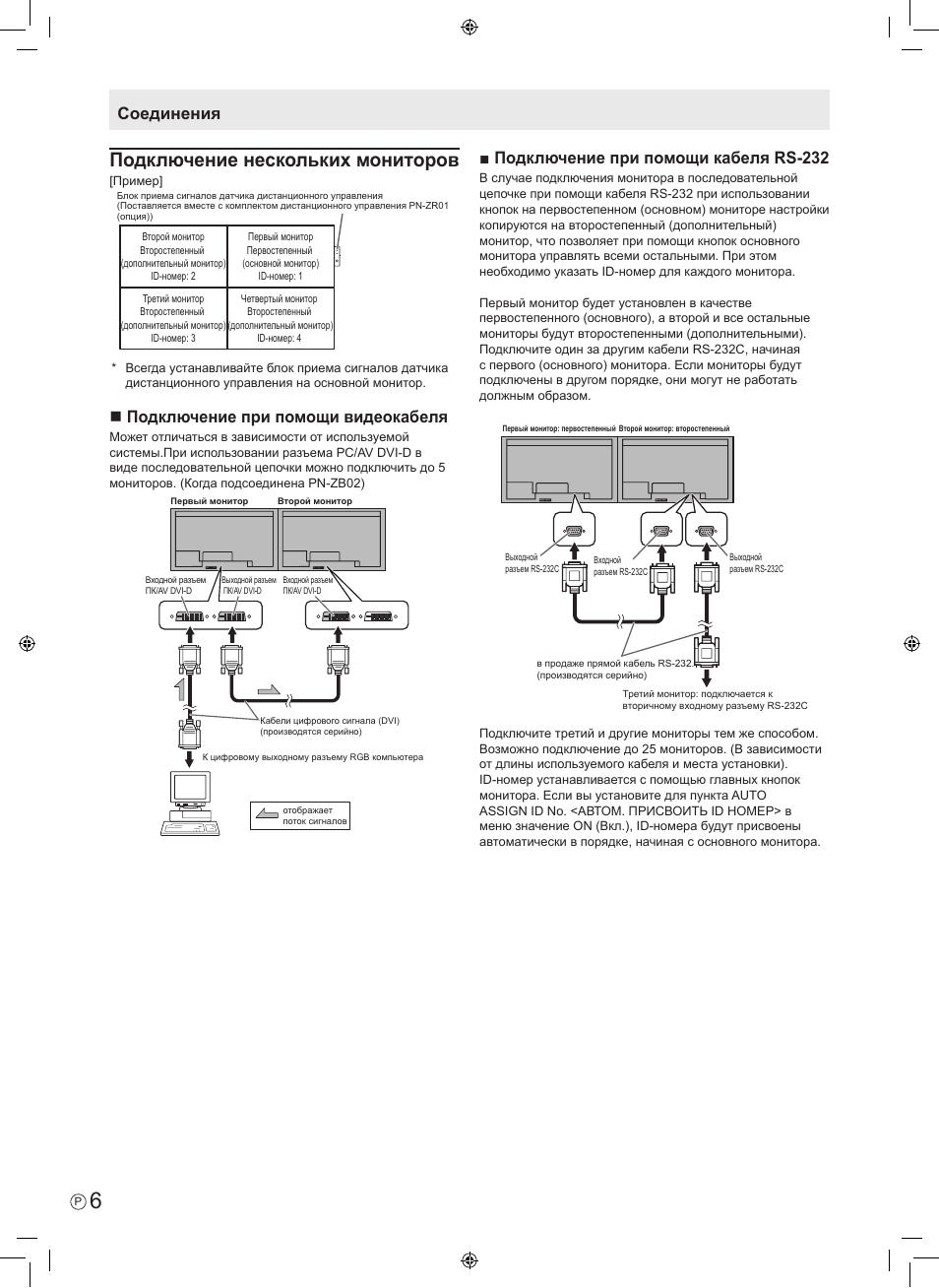 Подключение нескольких мониторов, Nподключение при помощи видеокабеля, Соединения ■ подключение при помощи кабеля rs-232 | Sharp PN-V602 User Manual | Page 40 / 44