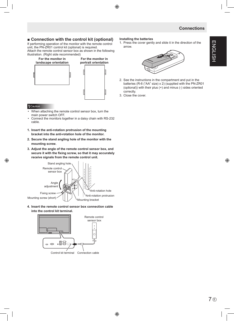 English, Connection with the control kit (optional), Connections | Sharp PN-V602 User Manual | Page 9 / 44