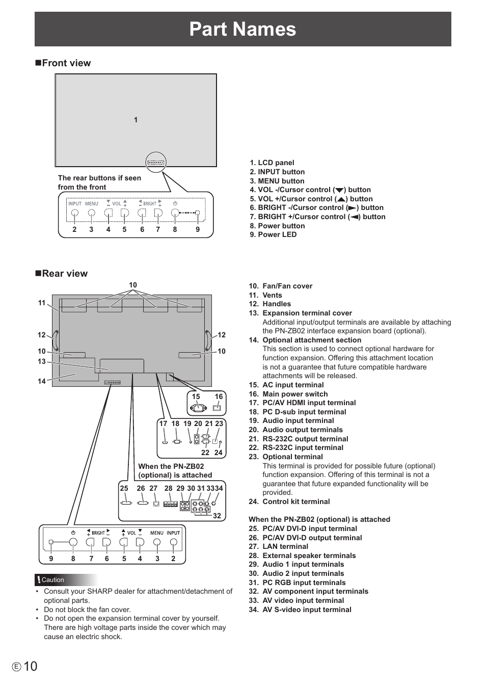 Part names, Nfront view, Nrear view | Sharp PN-V602 User Manual | Page 10 / 60