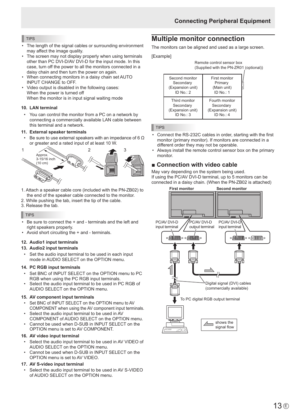 Multiple monitor connection, Connecting peripheral equipment, Connection with video cable | Sharp PN-V602 User Manual | Page 13 / 60