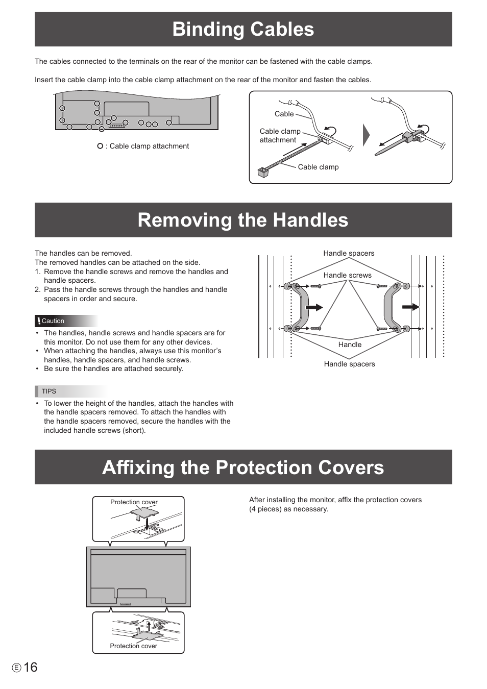 Binding cables, Removing the handles, Affixing the protection covers | Sharp PN-V602 User Manual | Page 16 / 60