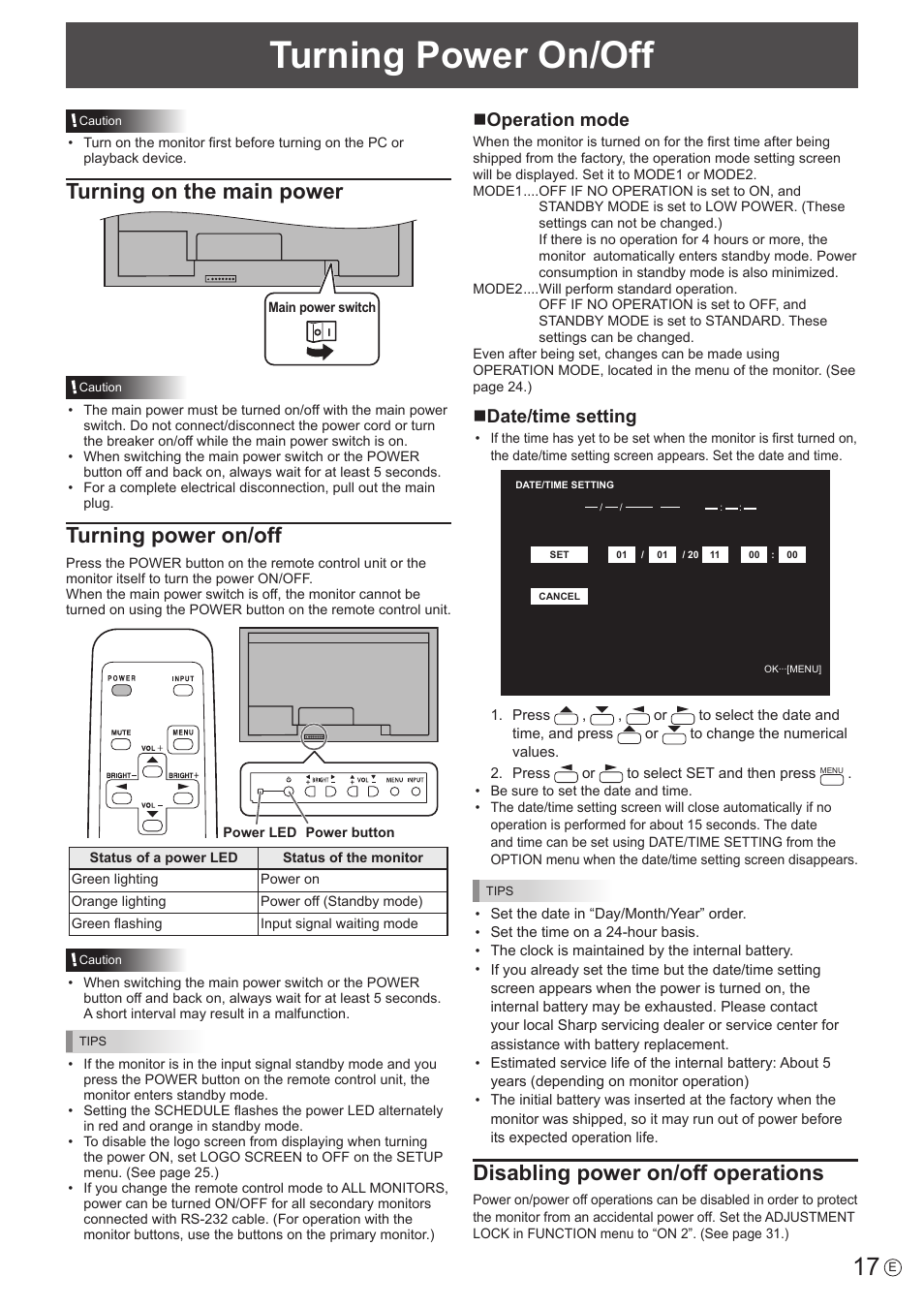 Turning power on/off, Turning on the main power, Disabling power on/off operations | Noperation mode, Ndate/time setting | Sharp PN-V602 User Manual | Page 17 / 60