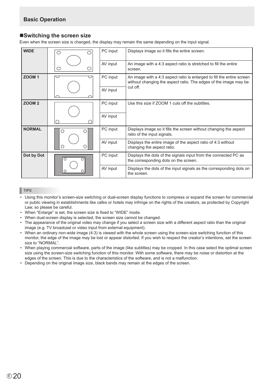 Basic operation n switching the screen size | Sharp PN-V602 User Manual | Page 20 / 60