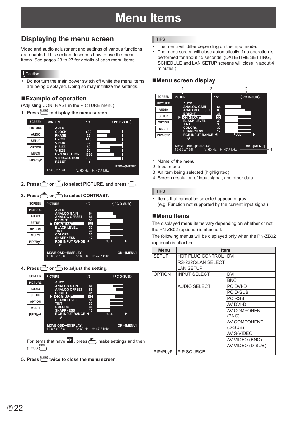 Menu items, Displaying the menu screen, Nexample of operation | Nmenu screen display, Nmenu items | Sharp PN-V602 User Manual | Page 22 / 60