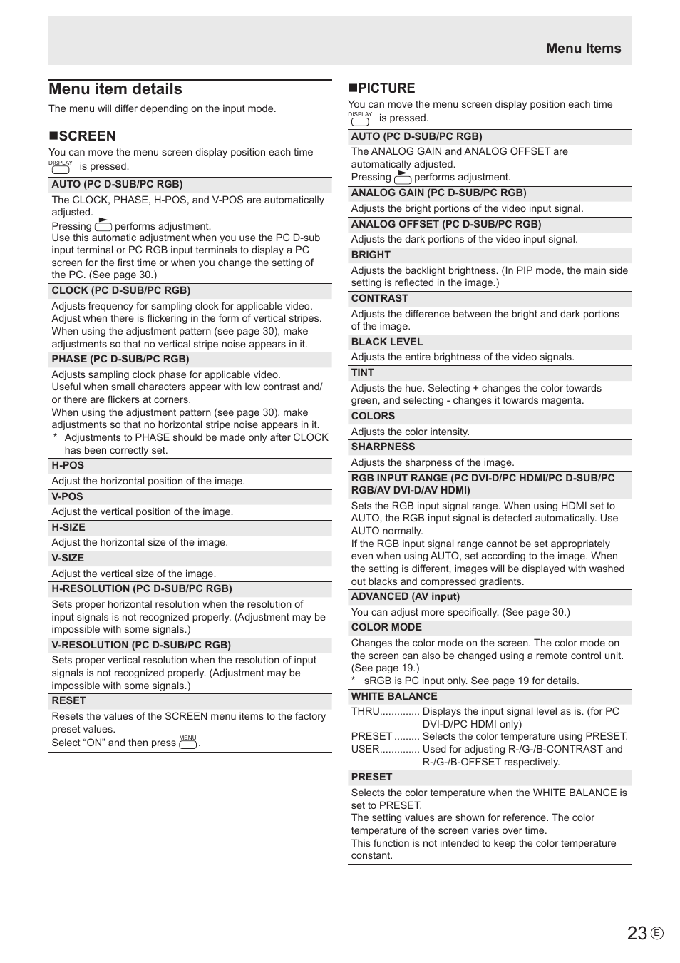 Menu item details, Nscreen, Npicture | Menu items | Sharp PN-V602 User Manual | Page 23 / 60