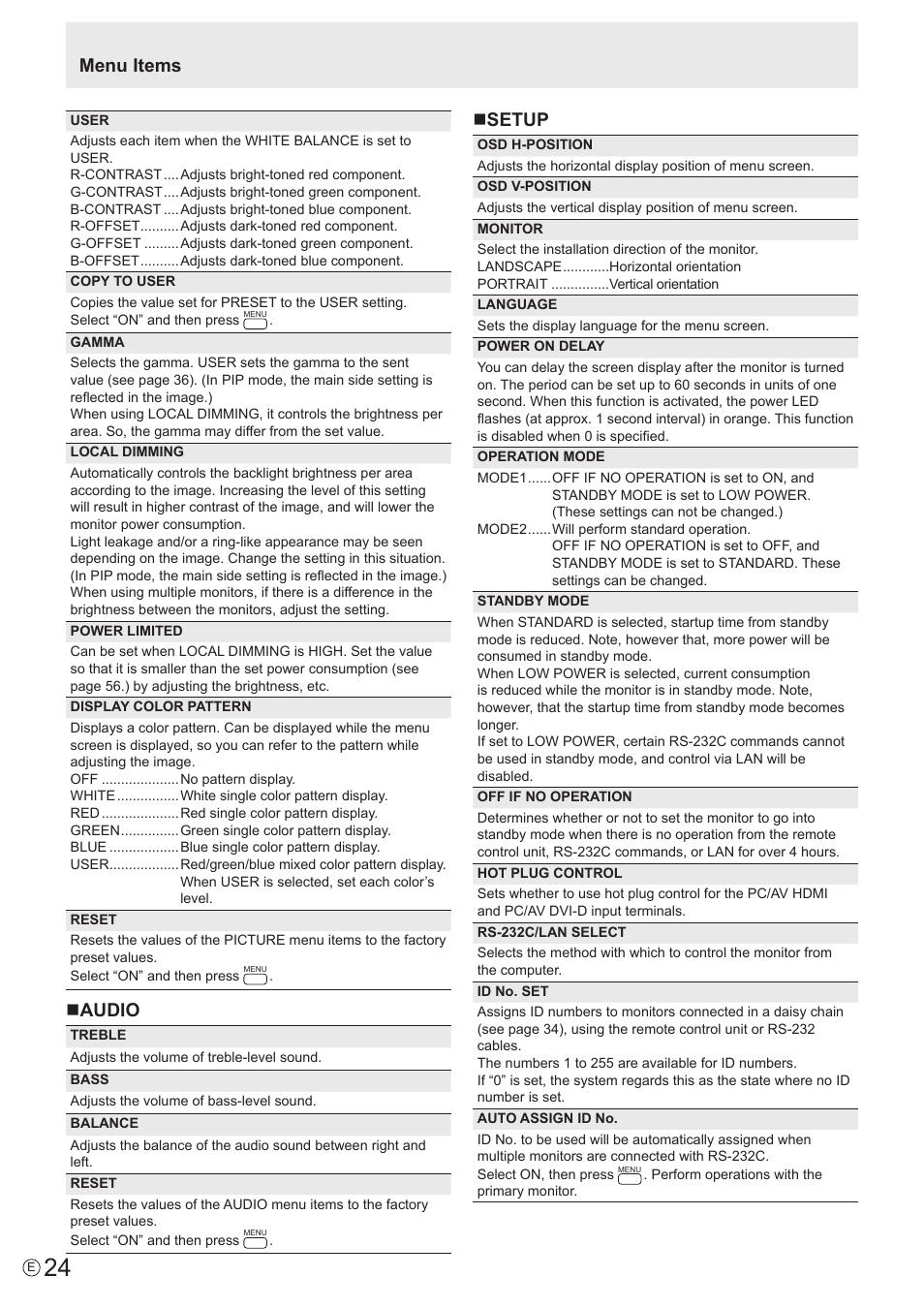 Naudio, Nsetup, Menu items | Sharp PN-V602 User Manual | Page 24 / 60