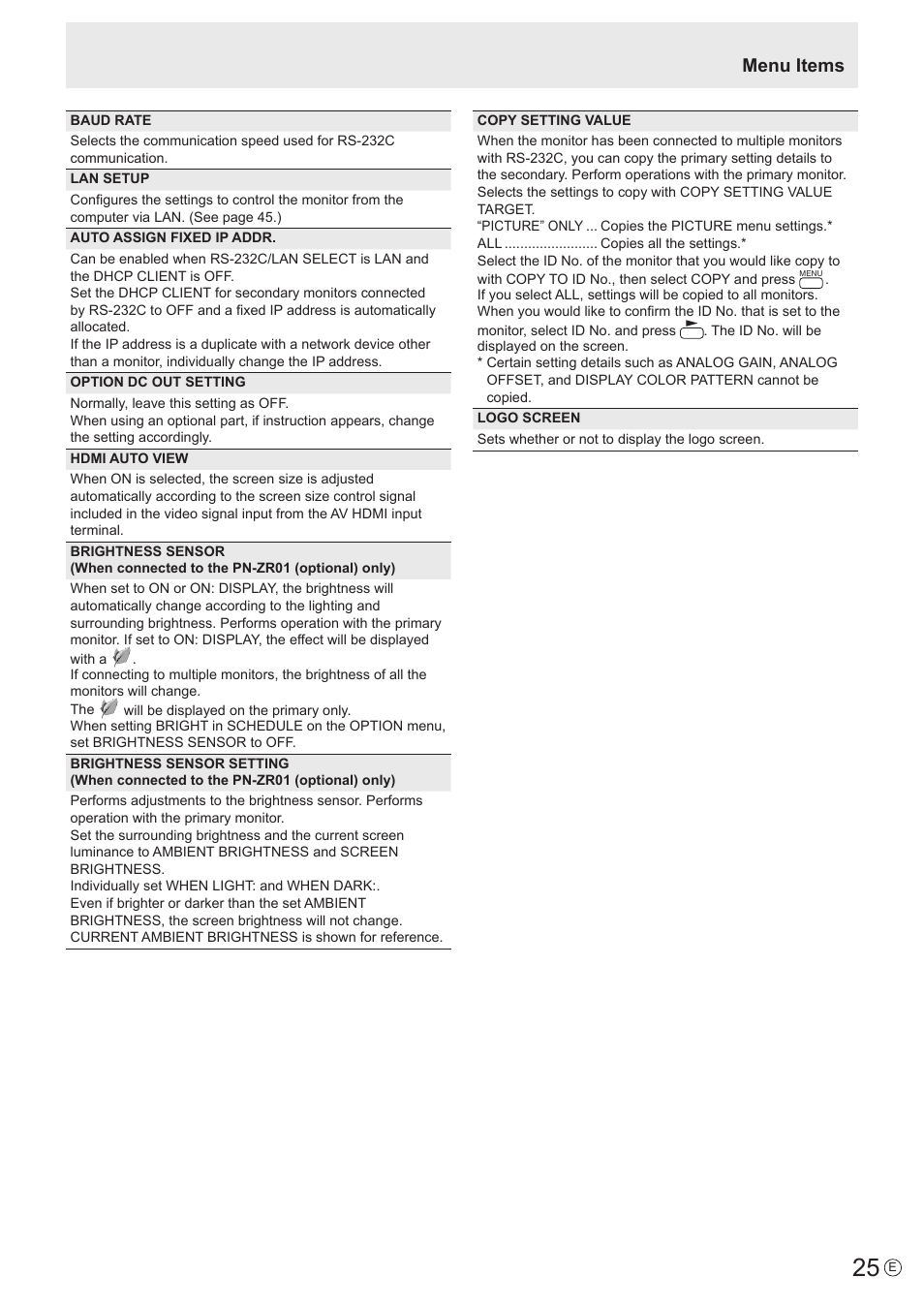 Menu items | Sharp PN-V602 User Manual | Page 25 / 60