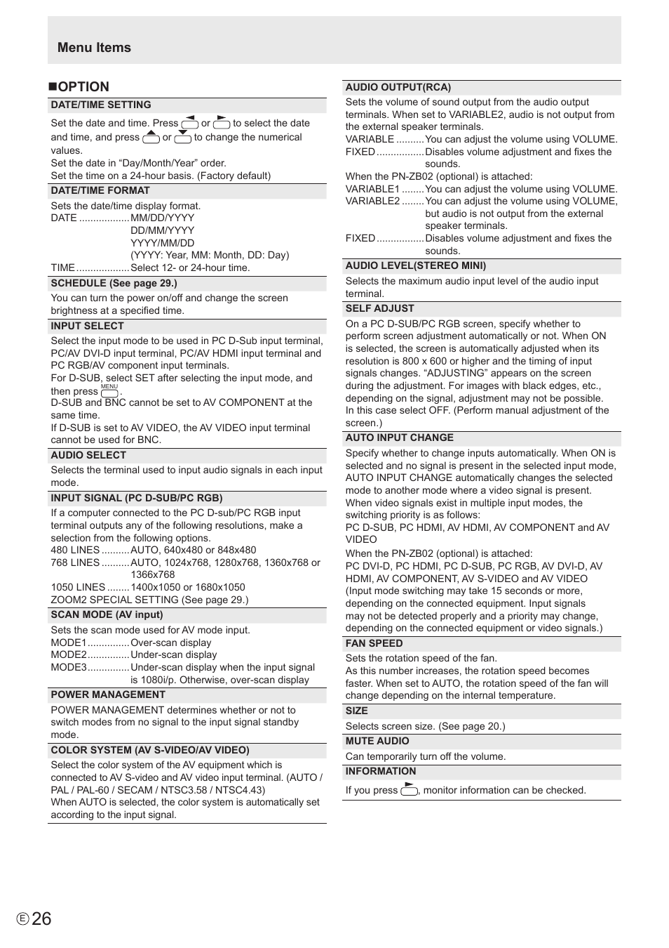 Menu items n option | Sharp PN-V602 User Manual | Page 26 / 60