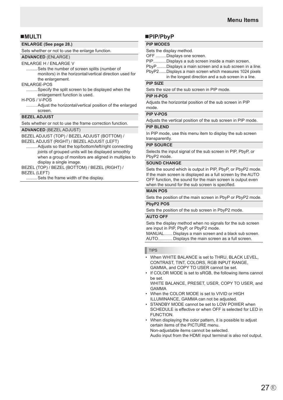 Menu items n multi, Npip/pbyp | Sharp PN-V602 User Manual | Page 27 / 60