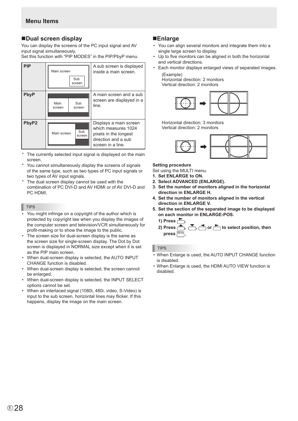 Ndual screen display, Menu items n enlarge | Sharp PN-V602 User Manual | Page 28 / 60