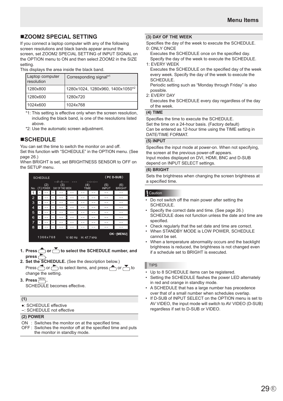 Nzoom2 special setting, Nschedule, Menu items | Sharp PN-V602 User Manual | Page 29 / 60